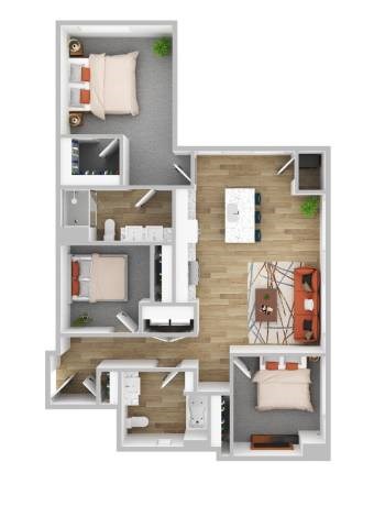 Floor plan for 3 beds, 2 baths, 1245 sqft